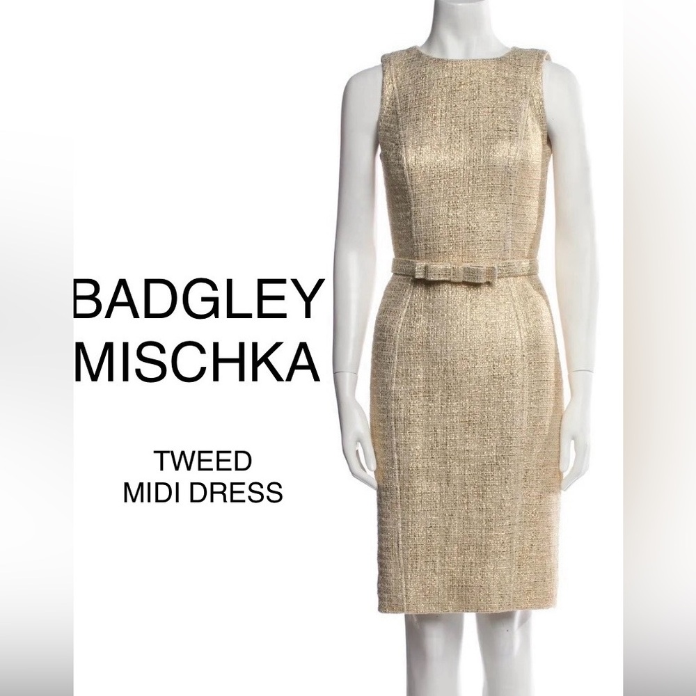 BADGLEY MISCHKA - Gold Tweed Sheath Midi Dress